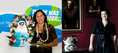 woman holding cake woman standing in front of pictures
